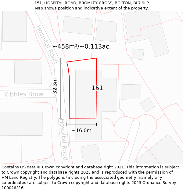 151, HOSPITAL ROAD, BROMLEY CROSS, BOLTON, BL7 9LP: Plot and title map