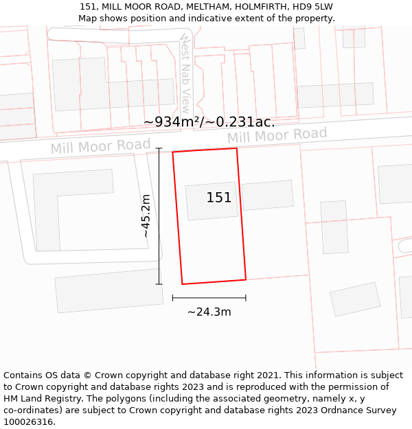 151, MILL MOOR ROAD, MELTHAM, HOLMFIRTH, HD9 5LW: Plot and title map