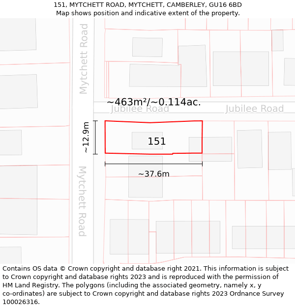 151, MYTCHETT ROAD, MYTCHETT, CAMBERLEY, GU16 6BD: Plot and title map