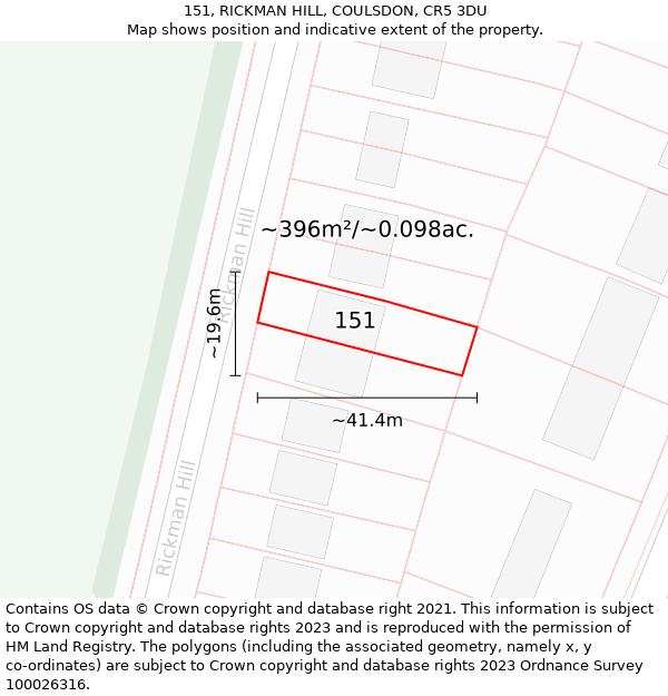 151, RICKMAN HILL, COULSDON, CR5 3DU: Plot and title map