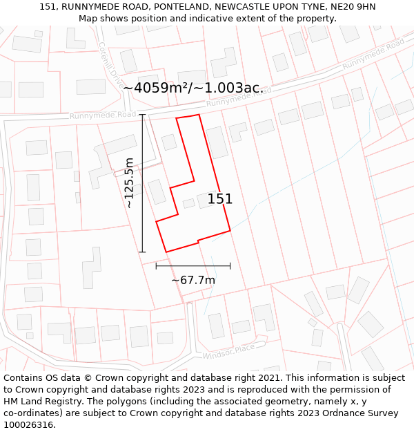 151, RUNNYMEDE ROAD, PONTELAND, NEWCASTLE UPON TYNE, NE20 9HN: Plot and title map