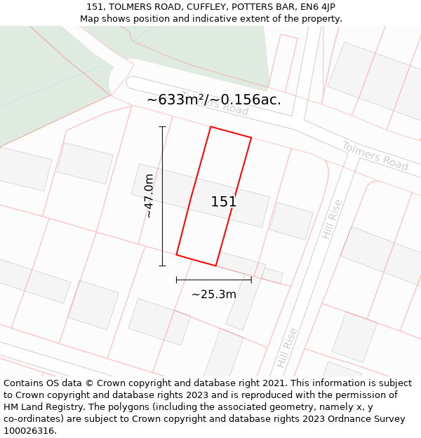 151, TOLMERS ROAD, CUFFLEY, POTTERS BAR, EN6 4JP: Plot and title map