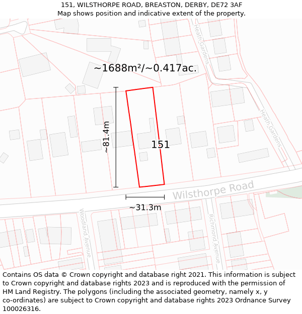 151, WILSTHORPE ROAD, BREASTON, DERBY, DE72 3AF: Plot and title map