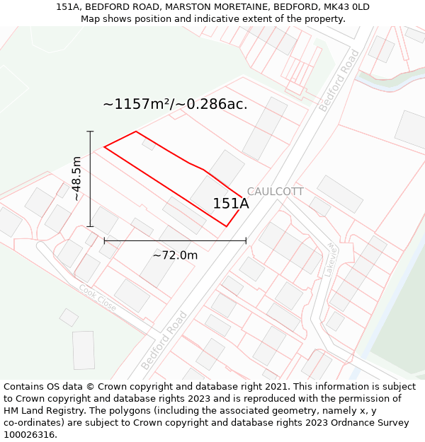 151A, BEDFORD ROAD, MARSTON MORETAINE, BEDFORD, MK43 0LD: Plot and title map