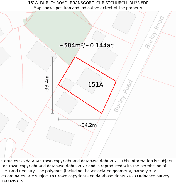 151A, BURLEY ROAD, BRANSGORE, CHRISTCHURCH, BH23 8DB: Plot and title map