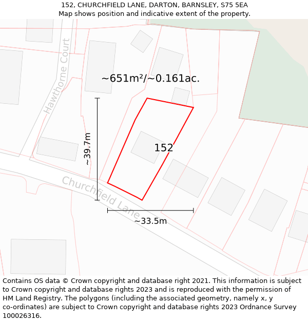 152, CHURCHFIELD LANE, DARTON, BARNSLEY, S75 5EA: Plot and title map