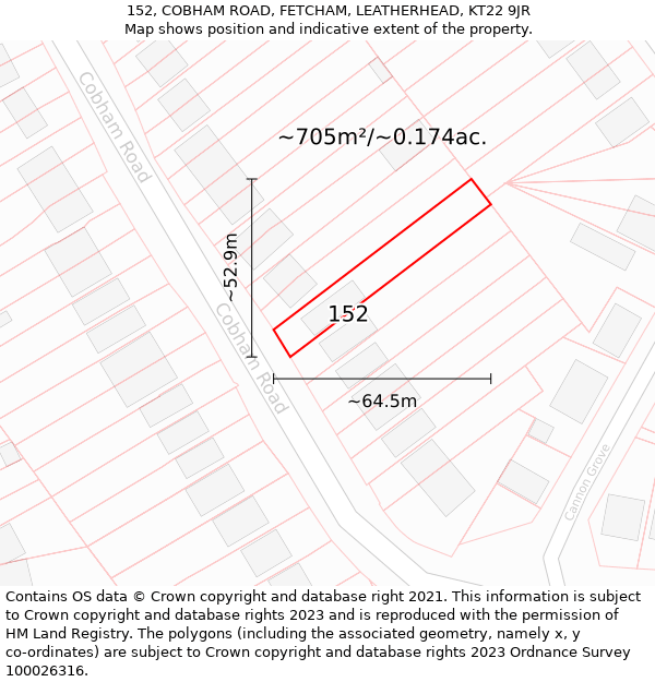 152, COBHAM ROAD, FETCHAM, LEATHERHEAD, KT22 9JR: Plot and title map