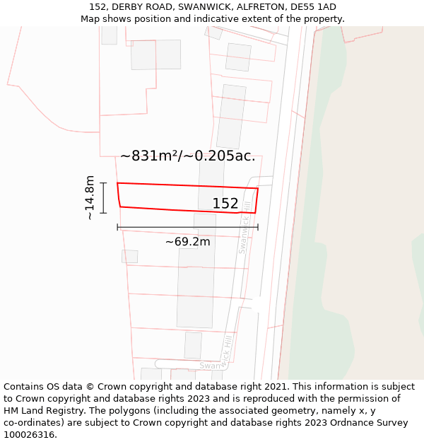 152, DERBY ROAD, SWANWICK, ALFRETON, DE55 1AD: Plot and title map