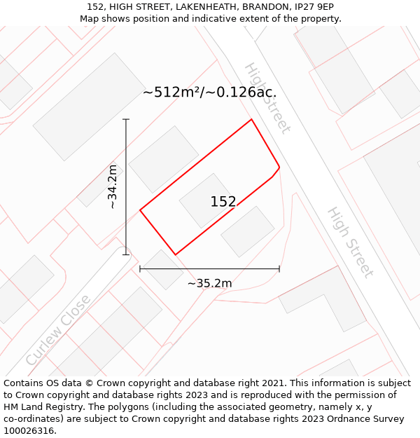 152, HIGH STREET, LAKENHEATH, BRANDON, IP27 9EP: Plot and title map