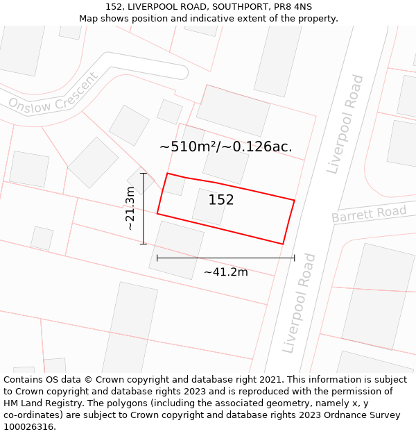 152, LIVERPOOL ROAD, SOUTHPORT, PR8 4NS: Plot and title map