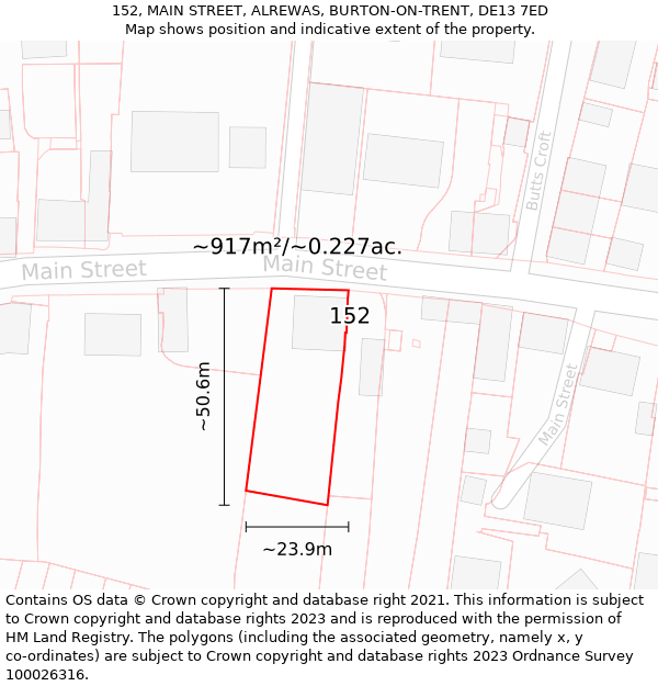 152, MAIN STREET, ALREWAS, BURTON-ON-TRENT, DE13 7ED: Plot and title map