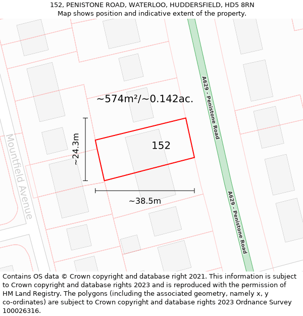 152, PENISTONE ROAD, WATERLOO, HUDDERSFIELD, HD5 8RN: Plot and title map