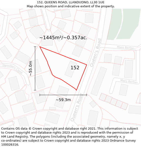 152, QUEENS ROAD, LLANDUDNO, LL30 1UE: Plot and title map