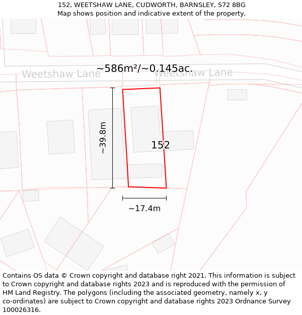 152, WEETSHAW LANE, CUDWORTH, BARNSLEY, S72 8BG: Plot and title map