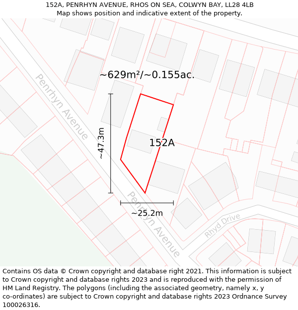 152A, PENRHYN AVENUE, RHOS ON SEA, COLWYN BAY, LL28 4LB: Plot and title map