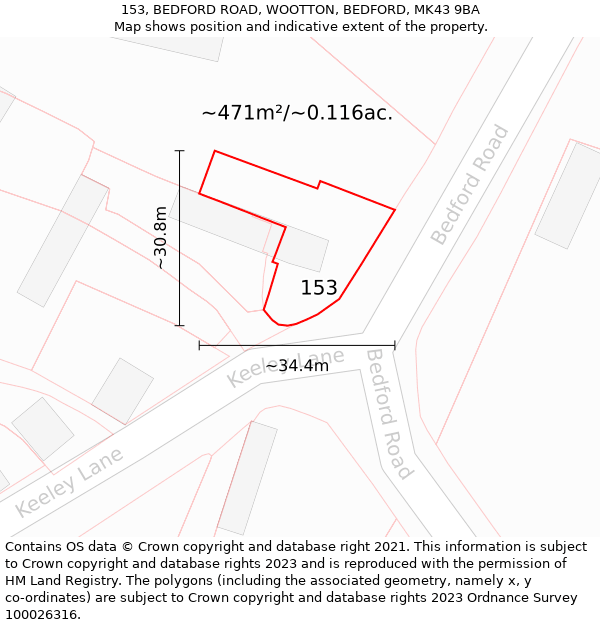 153, BEDFORD ROAD, WOOTTON, BEDFORD, MK43 9BA: Plot and title map