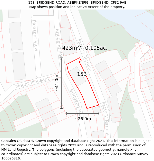 153, BRIDGEND ROAD, ABERKENFIG, BRIDGEND, CF32 9AE: Plot and title map