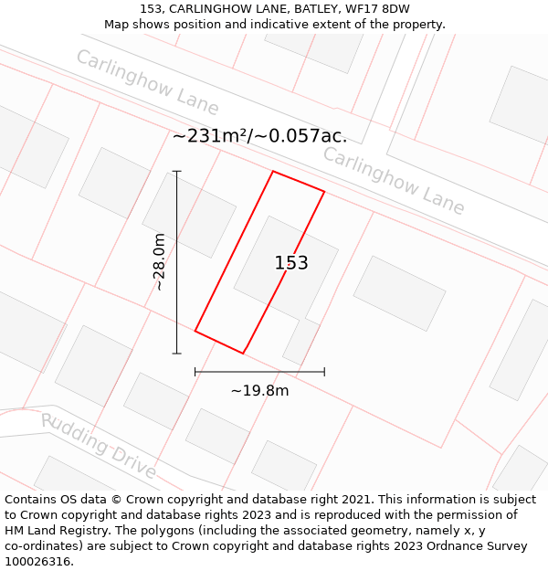 153, CARLINGHOW LANE, BATLEY, WF17 8DW: Plot and title map