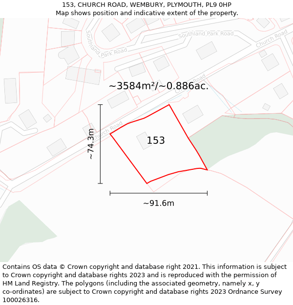 153, CHURCH ROAD, WEMBURY, PLYMOUTH, PL9 0HP: Plot and title map