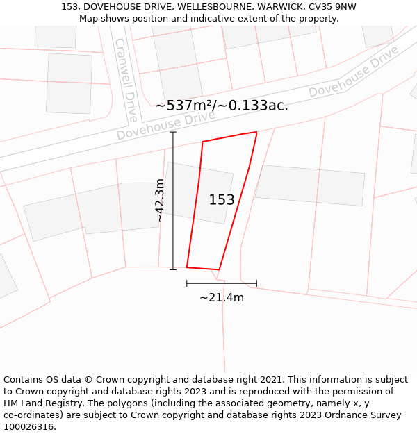 153, DOVEHOUSE DRIVE, WELLESBOURNE, WARWICK, CV35 9NW: Plot and title map