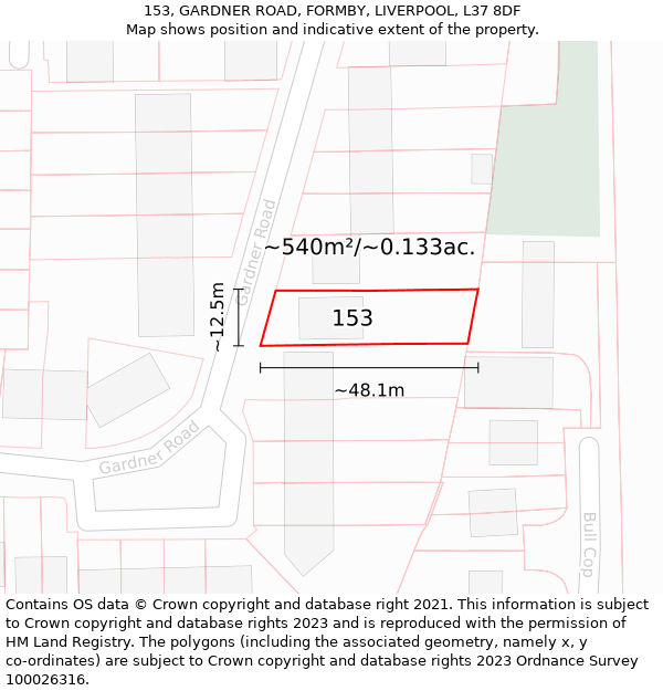 153, GARDNER ROAD, FORMBY, LIVERPOOL, L37 8DF: Plot and title map