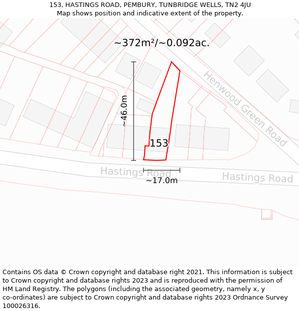 153, HASTINGS ROAD, PEMBURY, TUNBRIDGE WELLS, TN2 4JU: Plot and title map