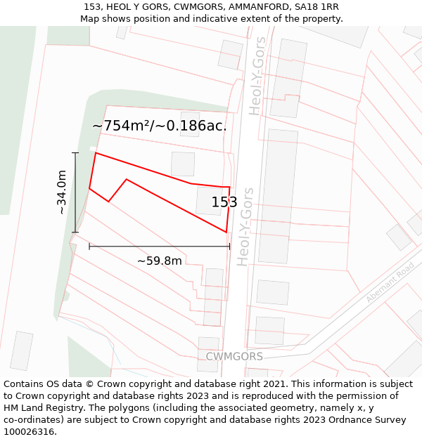 153, HEOL Y GORS, CWMGORS, AMMANFORD, SA18 1RR: Plot and title map