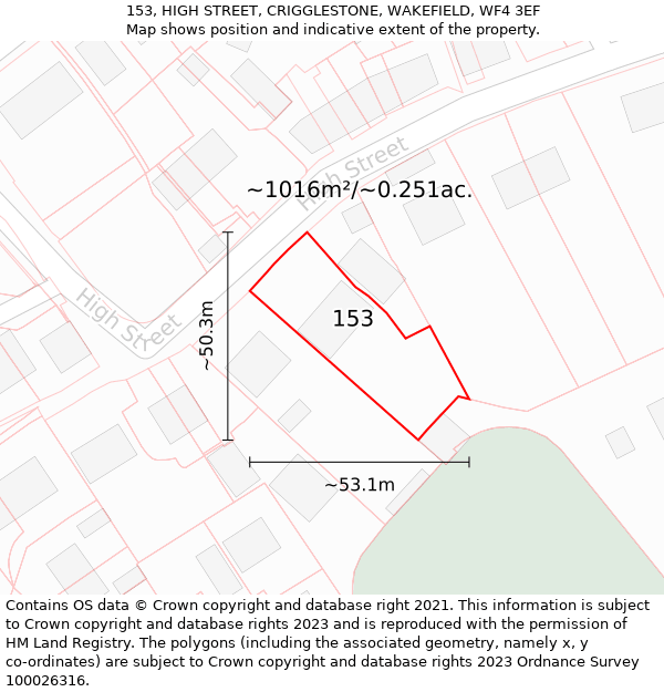 153, HIGH STREET, CRIGGLESTONE, WAKEFIELD, WF4 3EF: Plot and title map