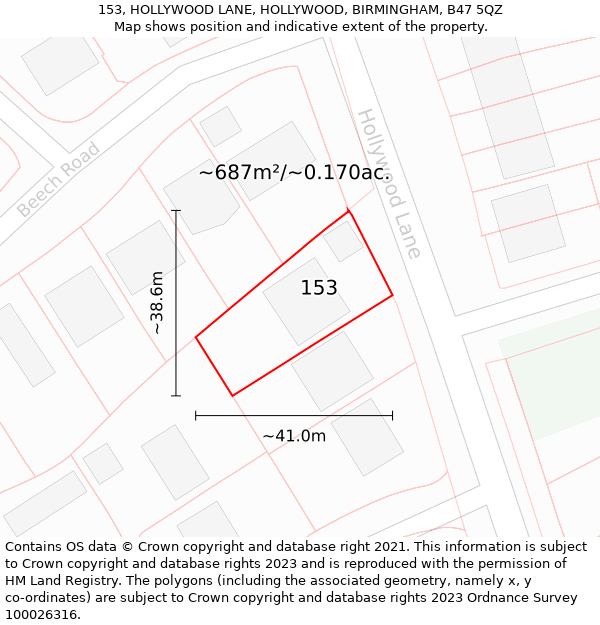 153, HOLLYWOOD LANE, HOLLYWOOD, BIRMINGHAM, B47 5QZ: Plot and title map