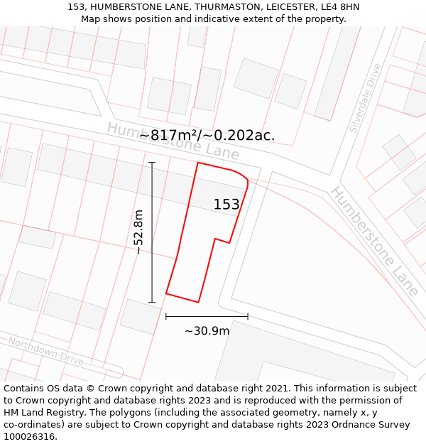 153, HUMBERSTONE LANE, THURMASTON, LEICESTER, LE4 8HN: Plot and title map