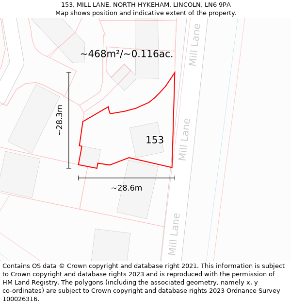 153, MILL LANE, NORTH HYKEHAM, LINCOLN, LN6 9PA: Plot and title map