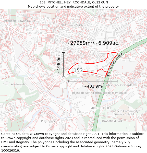 153, MITCHELL HEY, ROCHDALE, OL12 6UN: Plot and title map