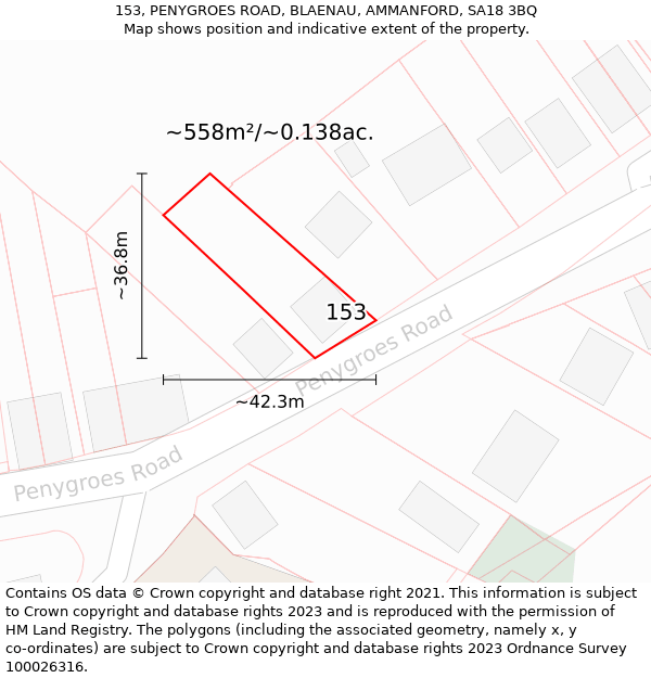 153, PENYGROES ROAD, BLAENAU, AMMANFORD, SA18 3BQ: Plot and title map