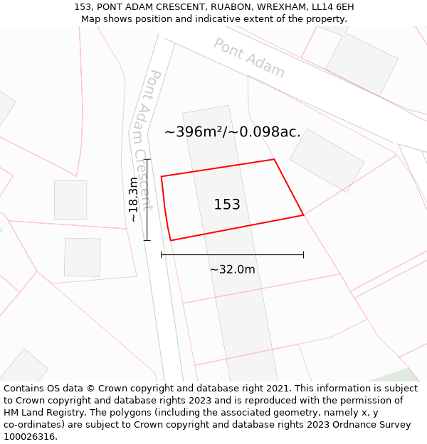 153, PONT ADAM CRESCENT, RUABON, WREXHAM, LL14 6EH: Plot and title map