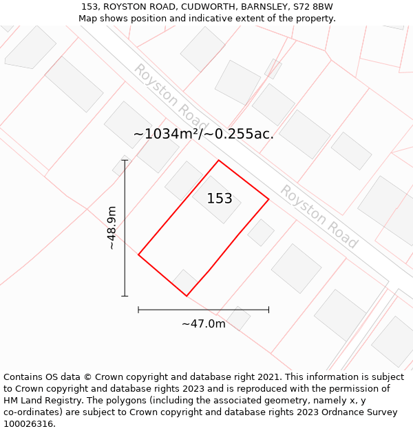 153, ROYSTON ROAD, CUDWORTH, BARNSLEY, S72 8BW: Plot and title map