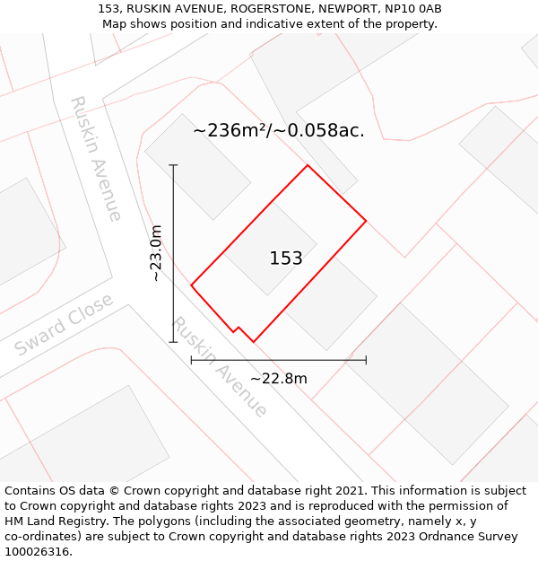 153, RUSKIN AVENUE, ROGERSTONE, NEWPORT, NP10 0AB: Plot and title map