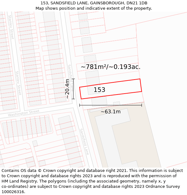 153, SANDSFIELD LANE, GAINSBOROUGH, DN21 1DB: Plot and title map