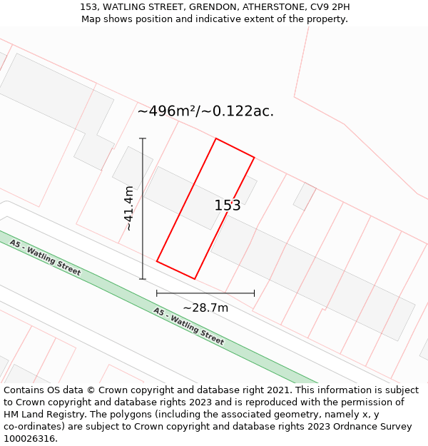 153, WATLING STREET, GRENDON, ATHERSTONE, CV9 2PH: Plot and title map