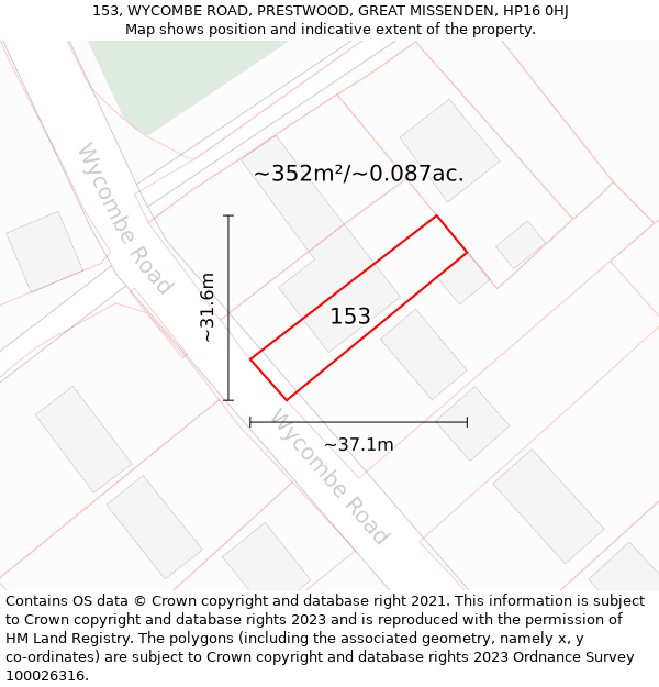 153, WYCOMBE ROAD, PRESTWOOD, GREAT MISSENDEN, HP16 0HJ: Plot and title map