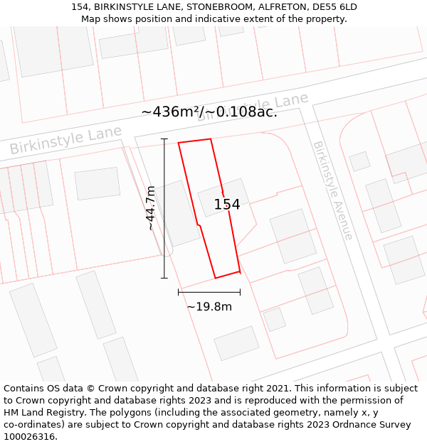 154, BIRKINSTYLE LANE, STONEBROOM, ALFRETON, DE55 6LD: Plot and title map