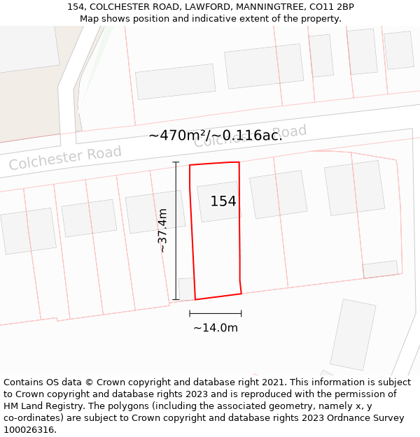 154, COLCHESTER ROAD, LAWFORD, MANNINGTREE, CO11 2BP: Plot and title map