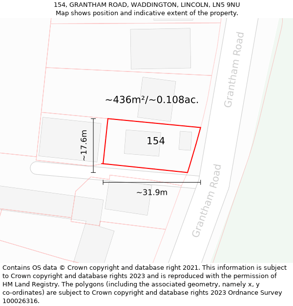 154, GRANTHAM ROAD, WADDINGTON, LINCOLN, LN5 9NU: Plot and title map