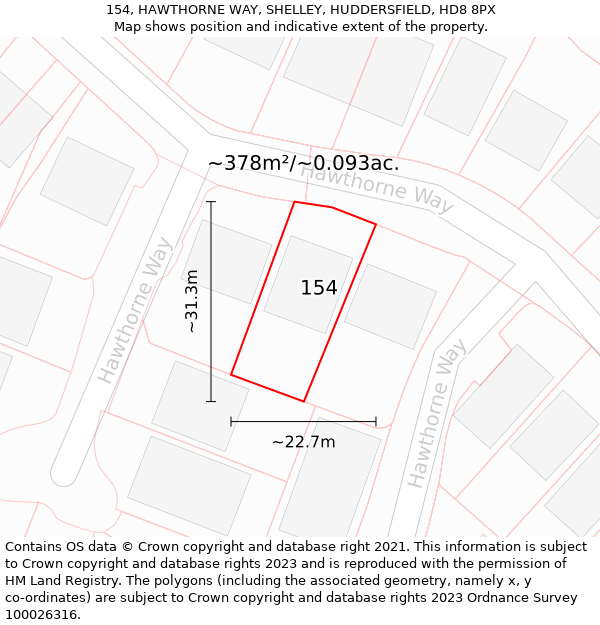 154, HAWTHORNE WAY, SHELLEY, HUDDERSFIELD, HD8 8PX: Plot and title map