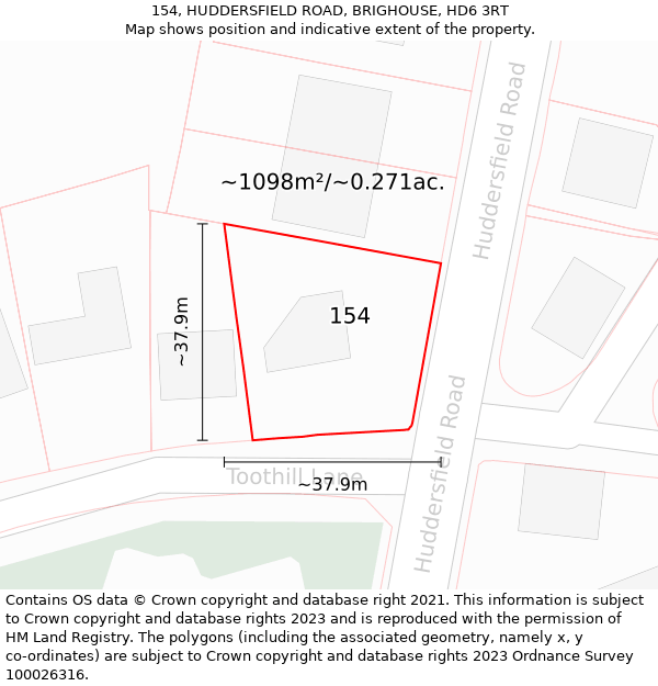 154, HUDDERSFIELD ROAD, BRIGHOUSE, HD6 3RT: Plot and title map