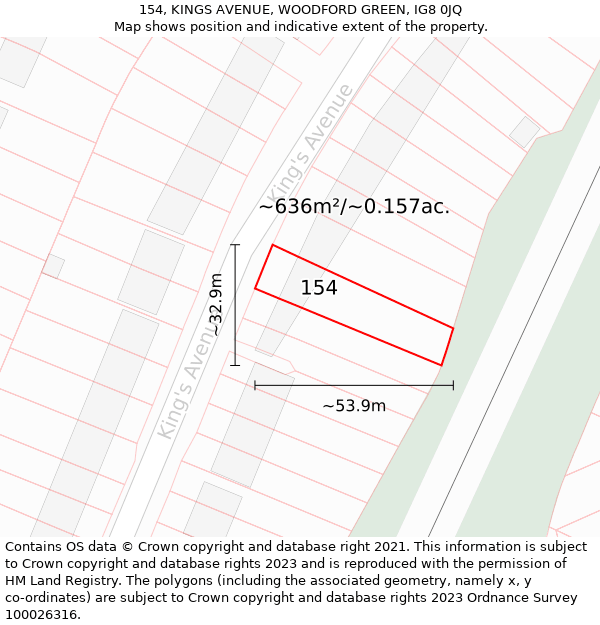 154, KINGS AVENUE, WOODFORD GREEN, IG8 0JQ: Plot and title map