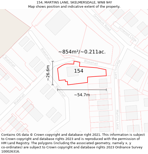154, MARTINS LANE, SKELMERSDALE, WN8 9AY: Plot and title map