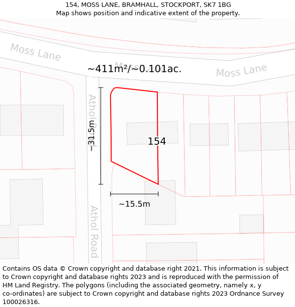 154, MOSS LANE, BRAMHALL, STOCKPORT, SK7 1BG: Plot and title map