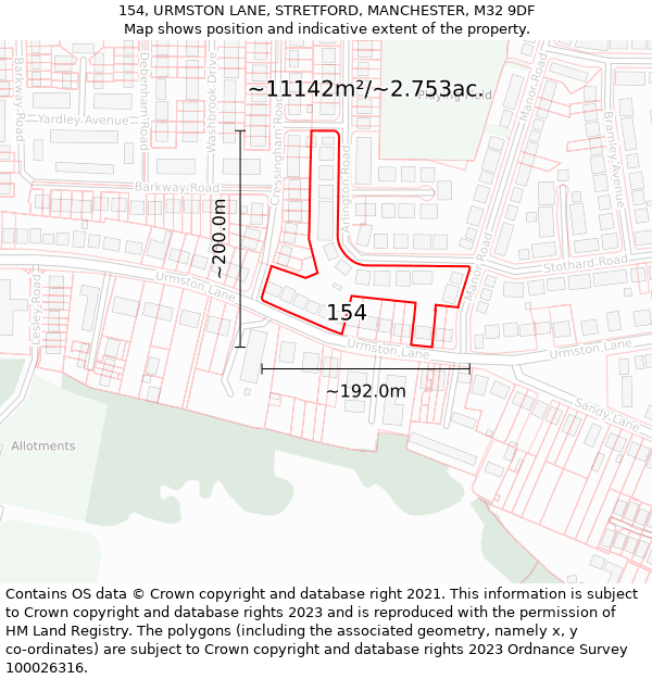 154, URMSTON LANE, STRETFORD, MANCHESTER, M32 9DF: Plot and title map