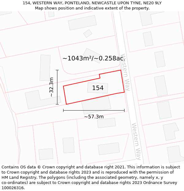 154, WESTERN WAY, PONTELAND, NEWCASTLE UPON TYNE, NE20 9LY: Plot and title map