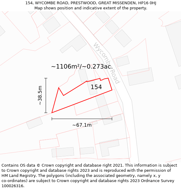 154, WYCOMBE ROAD, PRESTWOOD, GREAT MISSENDEN, HP16 0HJ: Plot and title map